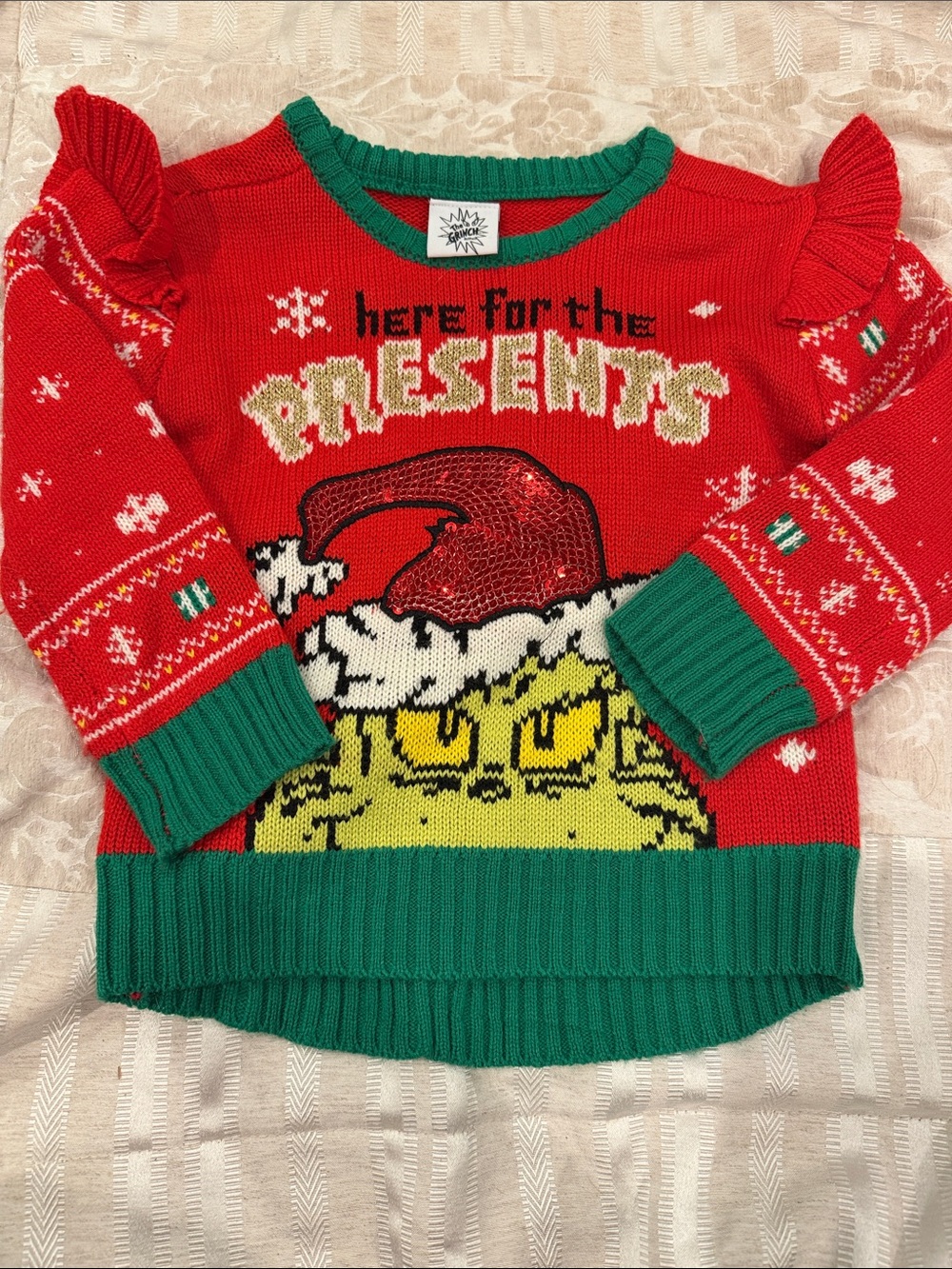 Kids Red Grinch Holiday Sweater with Green Trim